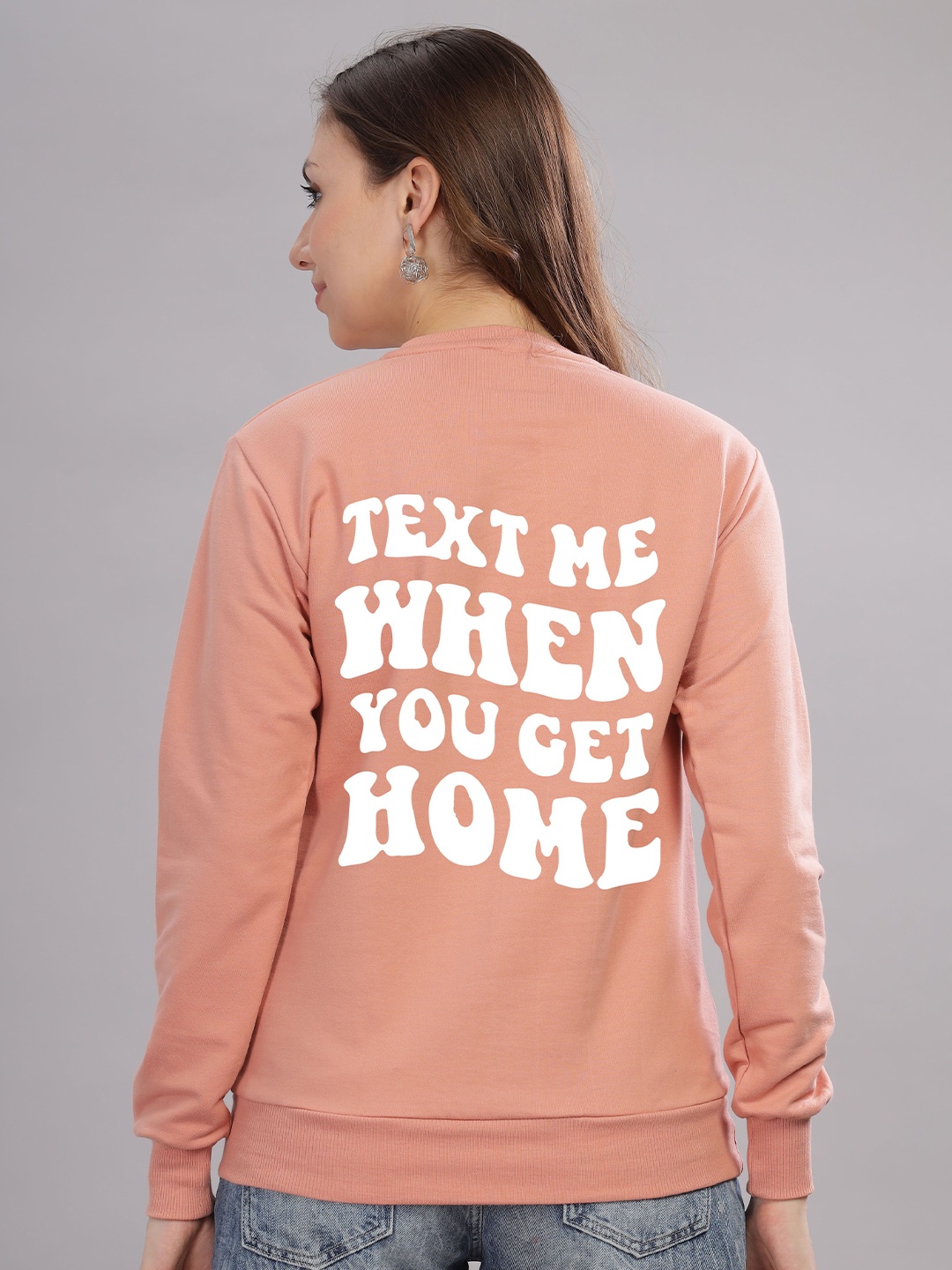 

FALTU.CO Women Typography Printed Round Neck Cotton Pullover Sweatshirt, Peach