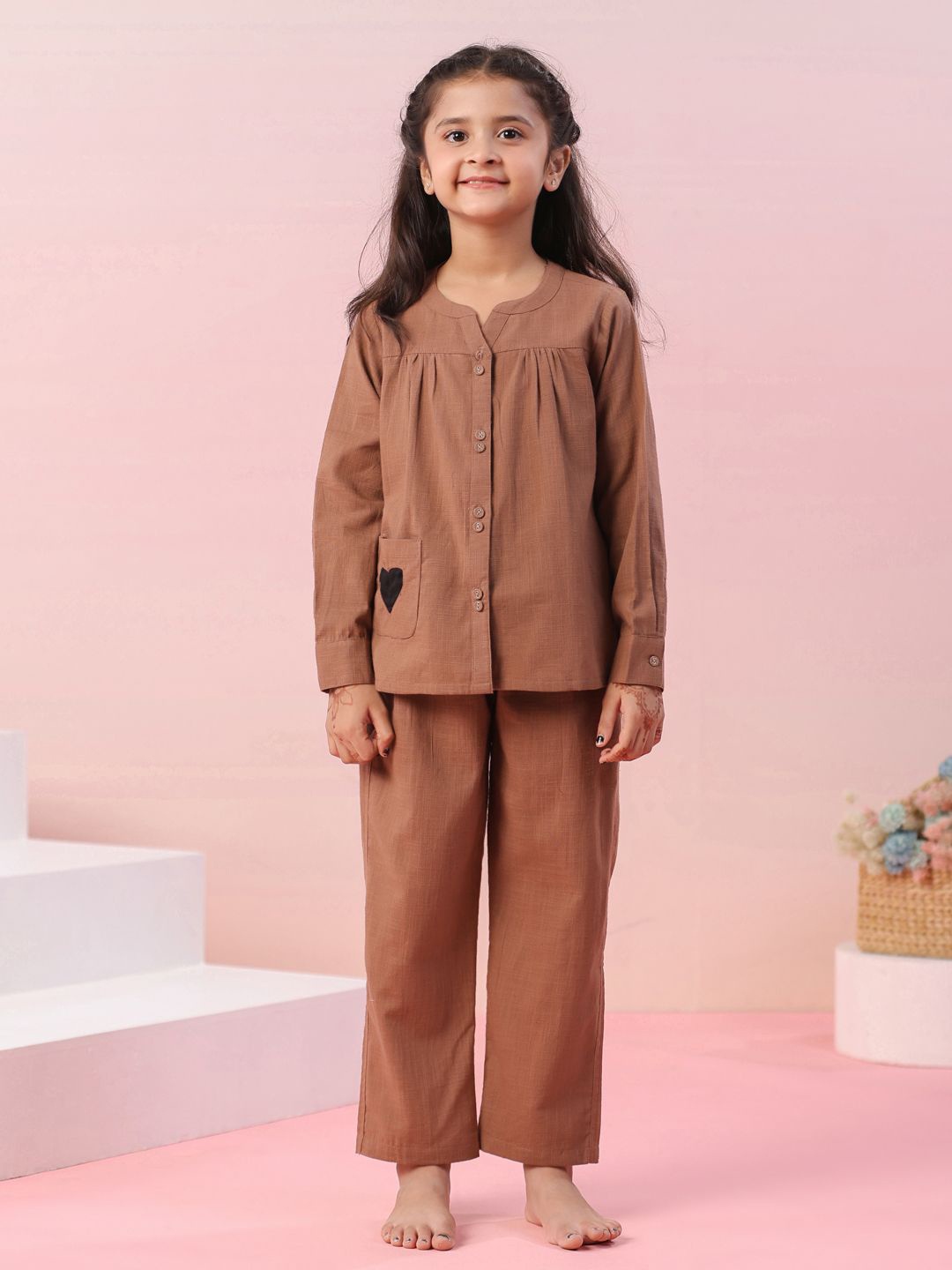 

SANSKRUTIHOMES Girls Mandarin Collar Night suit, Brown