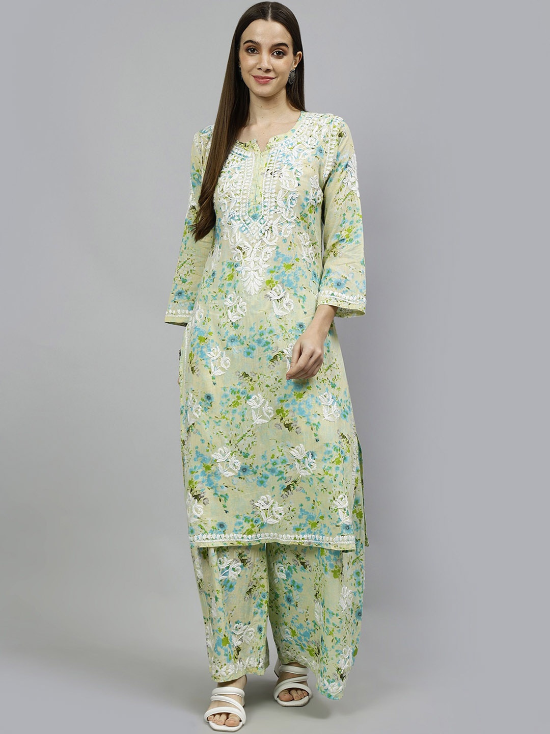 

Seva Chikan Women Ethnic Motifs Printed Regular Chikankari Kurta with Palazzos, Green