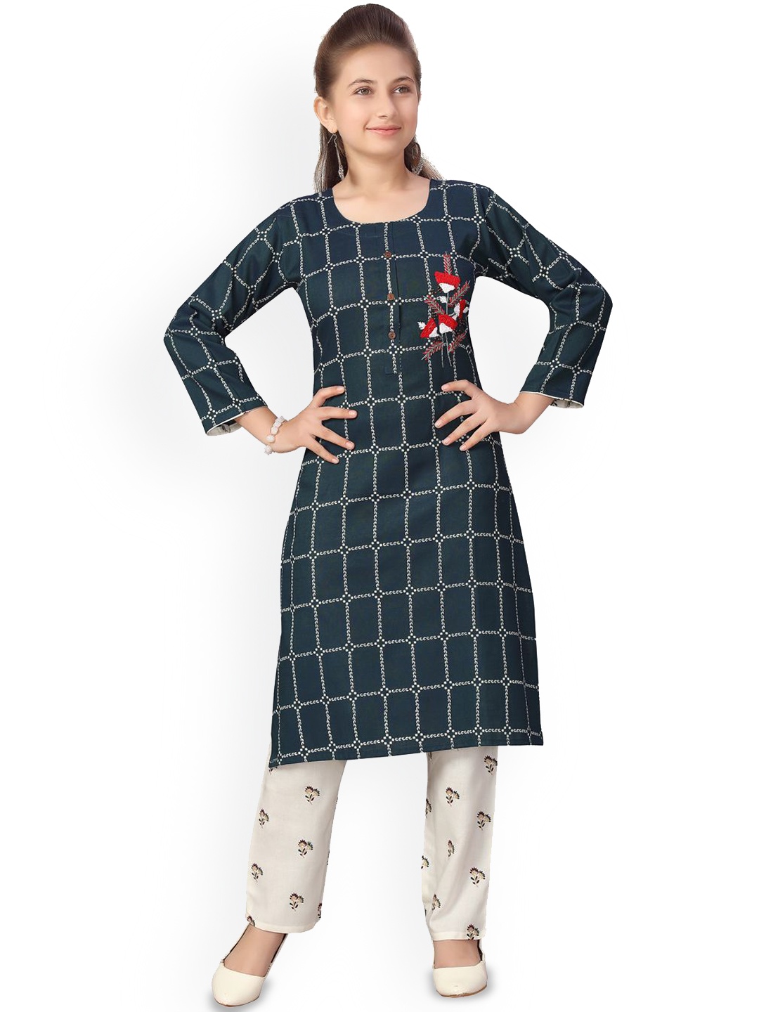 

BAESD Girls Checked Printed Pure Cotton Kurti & Trousers set, Green