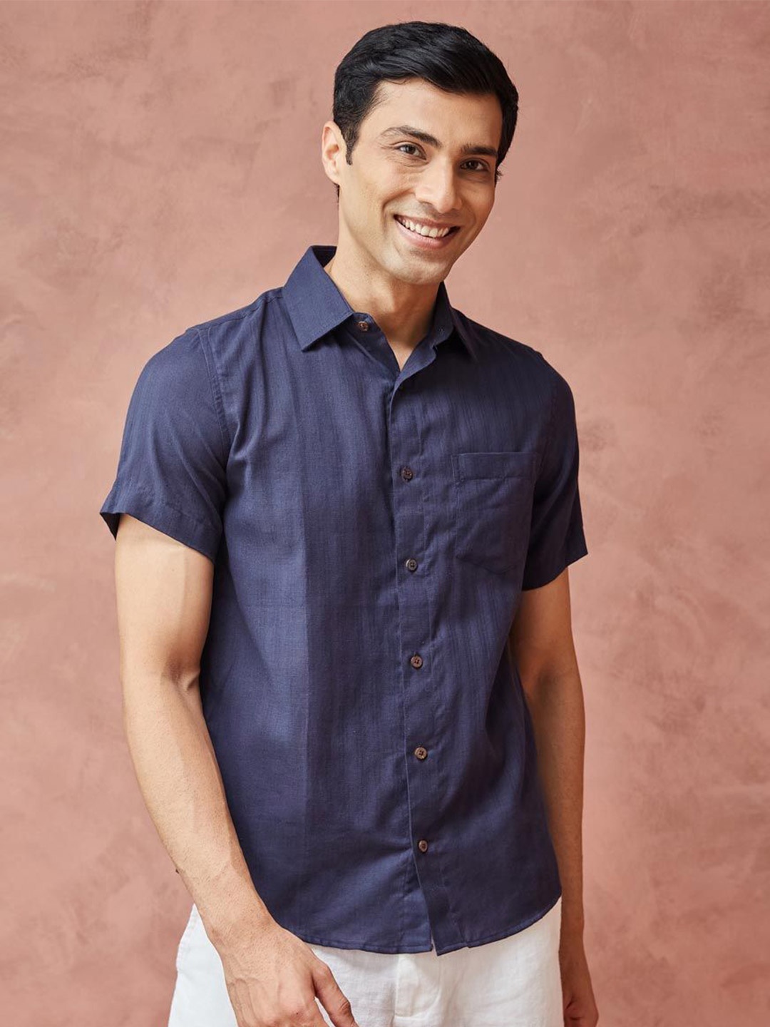 

Fabindia Men Spread Collar Solid Cotton Slim Fit Casual Shirt, Navy blue