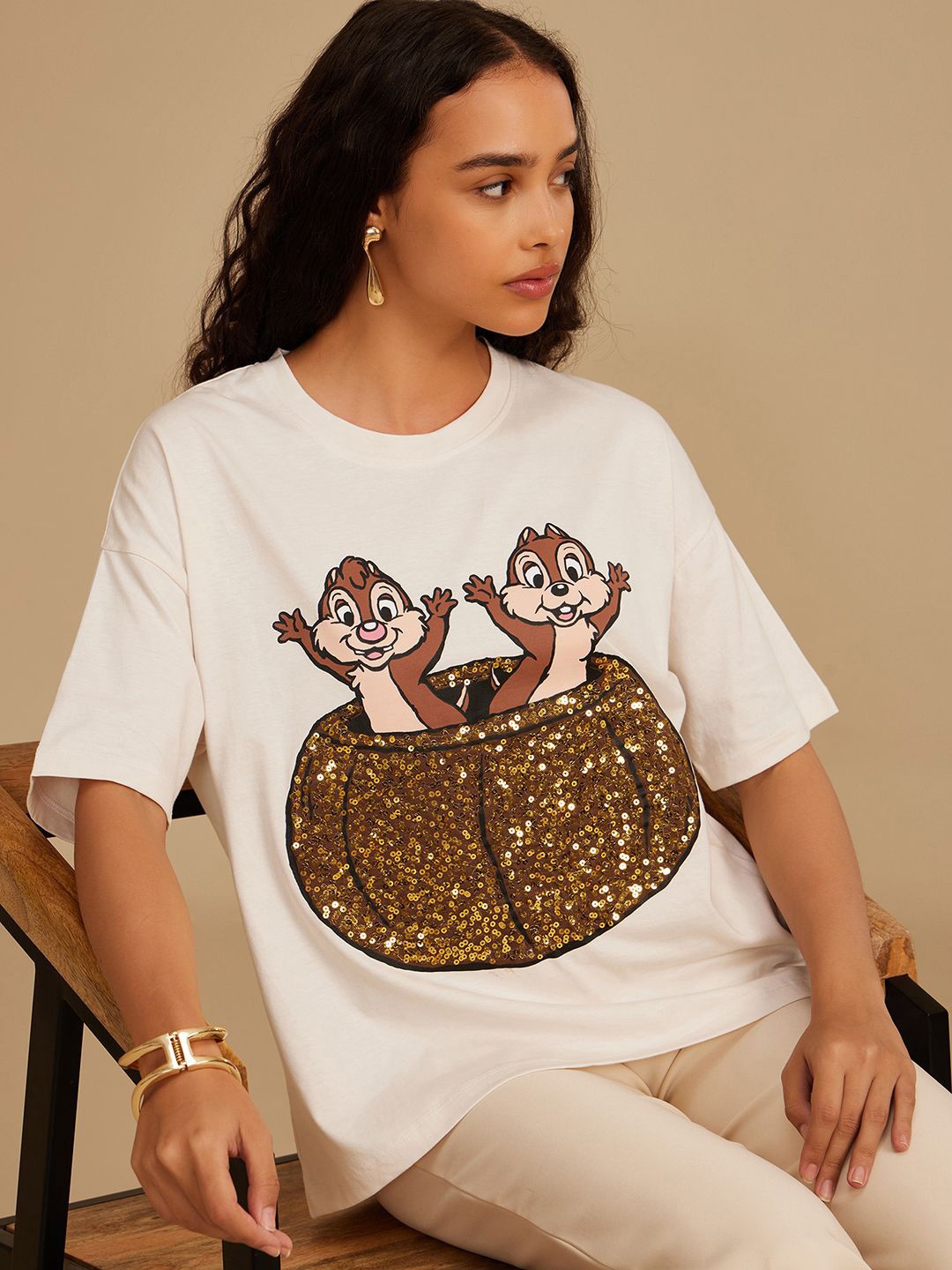 

Kazo Women Graphic Printed Round Neck Cotton Boxy T-shirt, Off white
