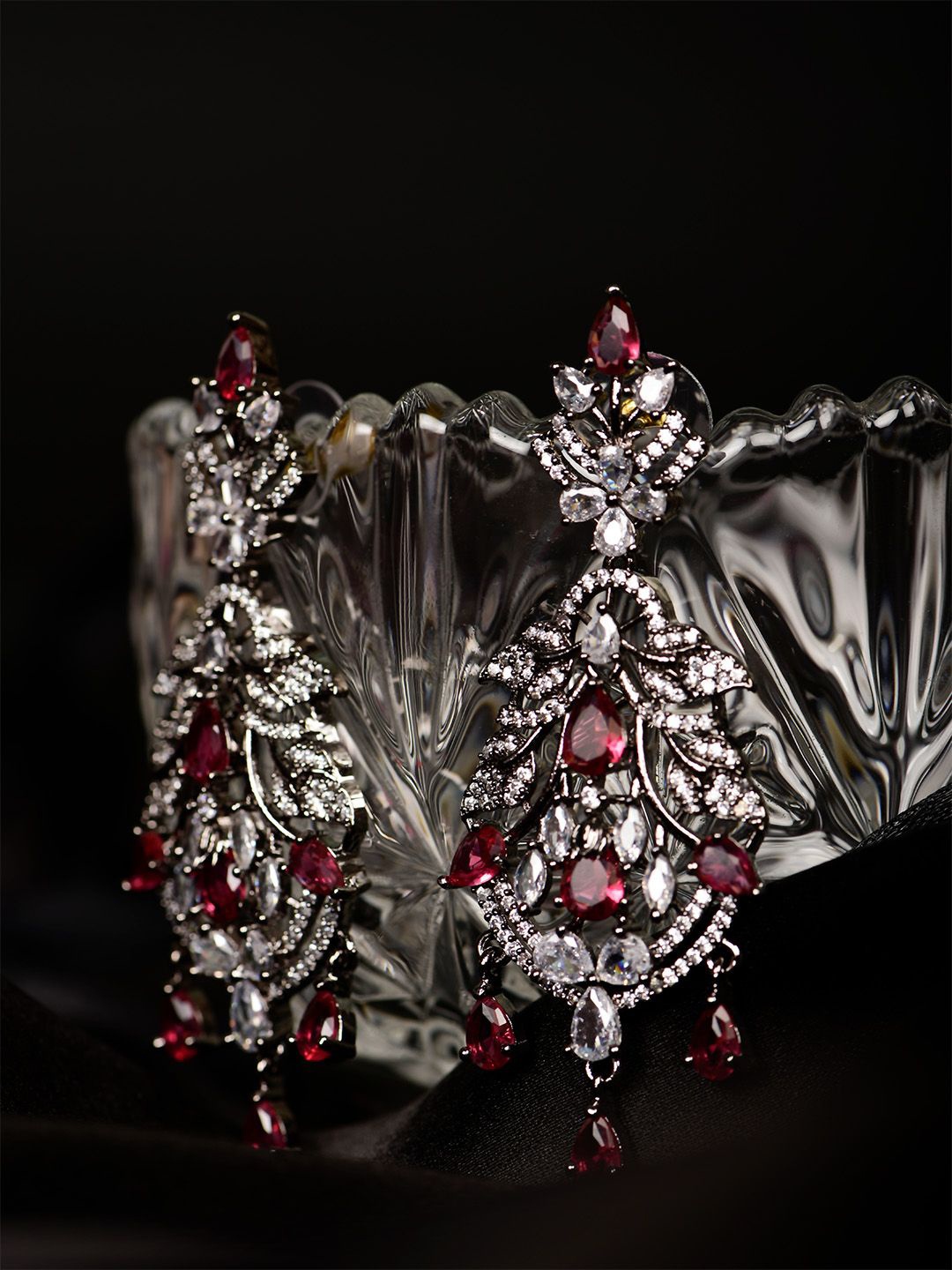 

SHARLEEZ Rhodium-Plated Paisley Shaped Drop Earrings, Red