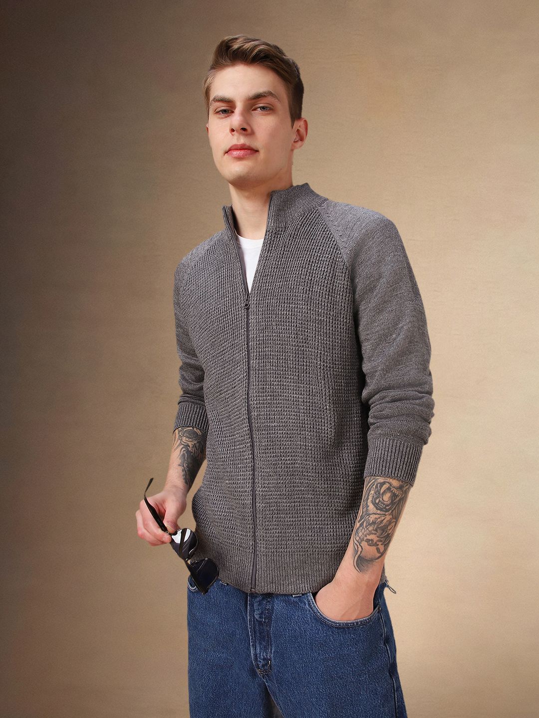 

Dennis Lingo Men Mock Collar Self Design Cable Knitted Ribbed Sweater, Grey