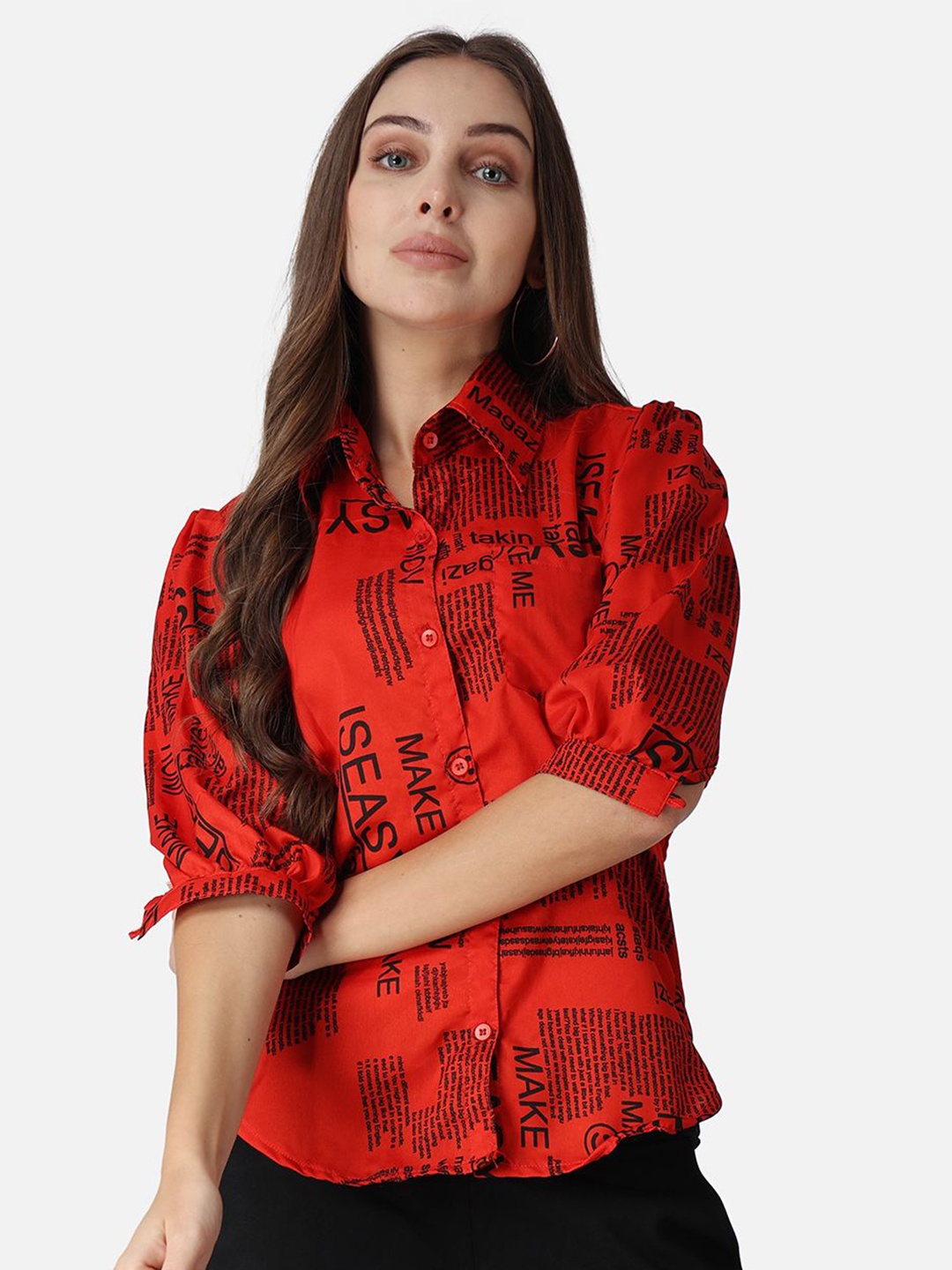 

MINOS Women Classic Spread Collar Typography Printed Crepe Casual Shirt, Red
