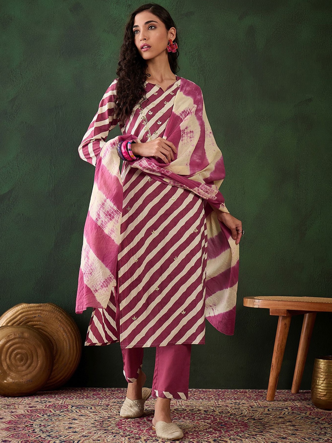 

Vastramyaa Women Leheriya Pure Cotton Kurta with Trousers & With Dupatta, Maroon