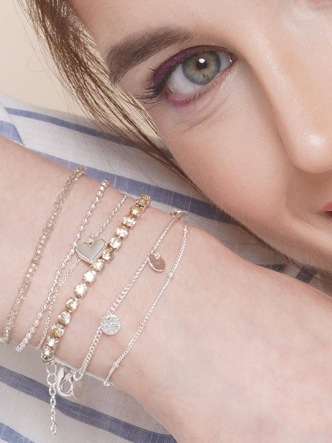 

KPOP Set Of 6 Silver Plated Artificial Beads Studded Charm Bracelet