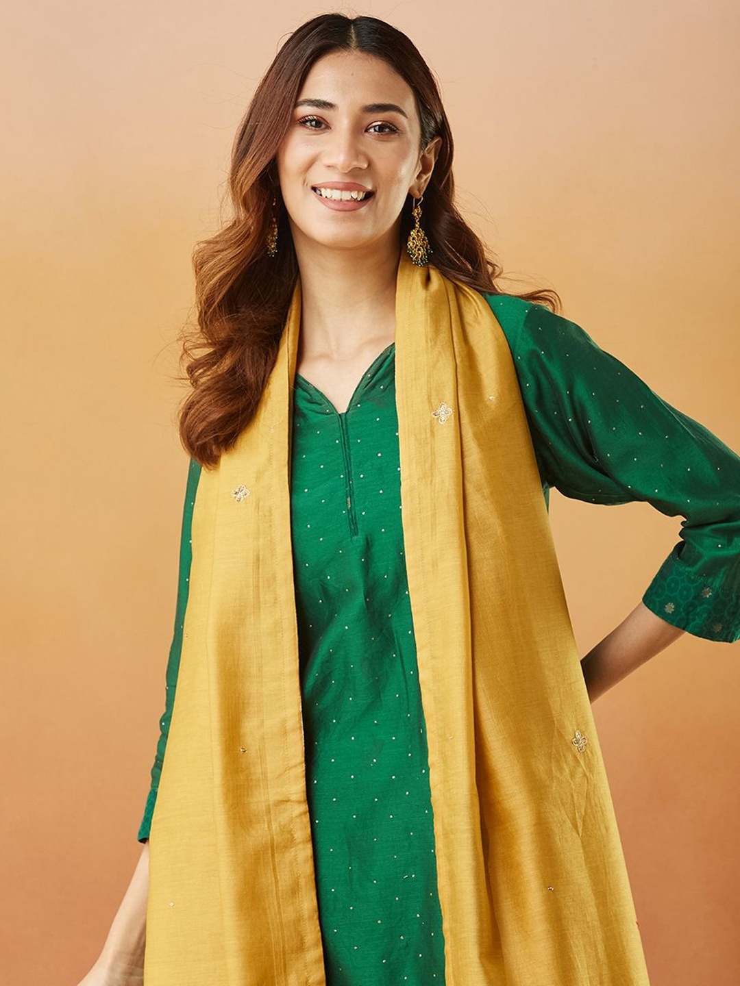 

Fabindia Ethnic Motifs Embroidered Cotton Silk Dupatta with Sequinned, Mustard