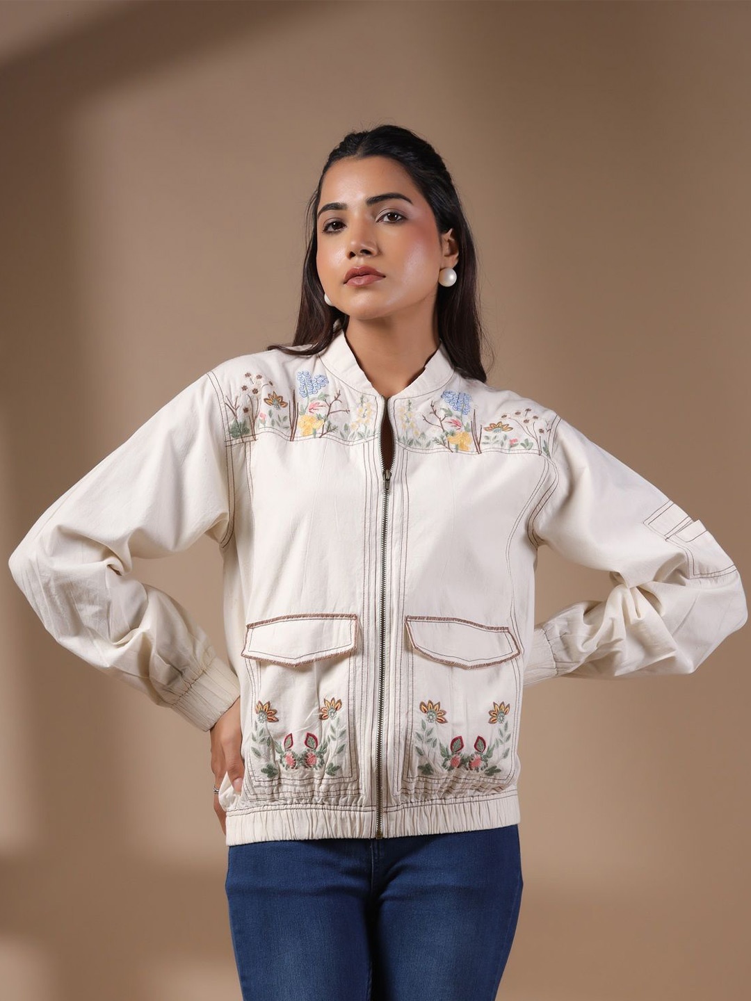 

Nyaro Women Cotton Floral Embroidered Tailored Jacket, White