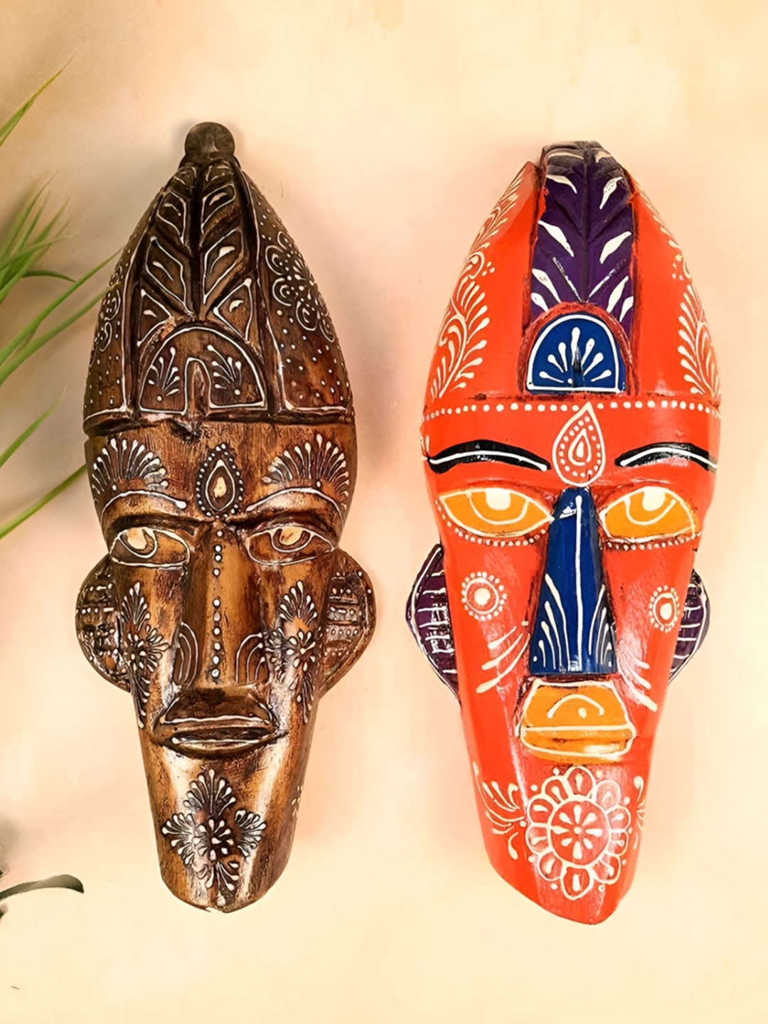 

apka mart Brown & Red 2 Pieces Wooden Nazar Battu Tribal Mask Wall Decors