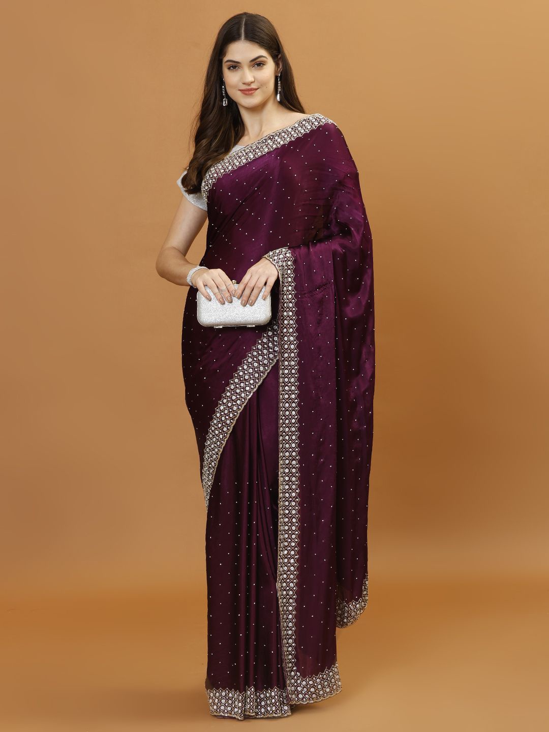 

Meena Bazaar Embellished Beads and Stones Heavy Work Saree, Burgundy