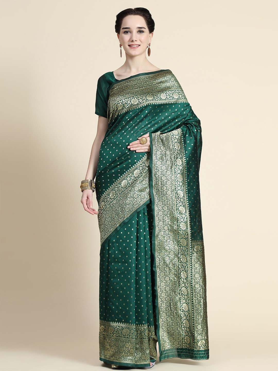 

QENY Woven Design Zari Art Silk Banarasi Saree, Green