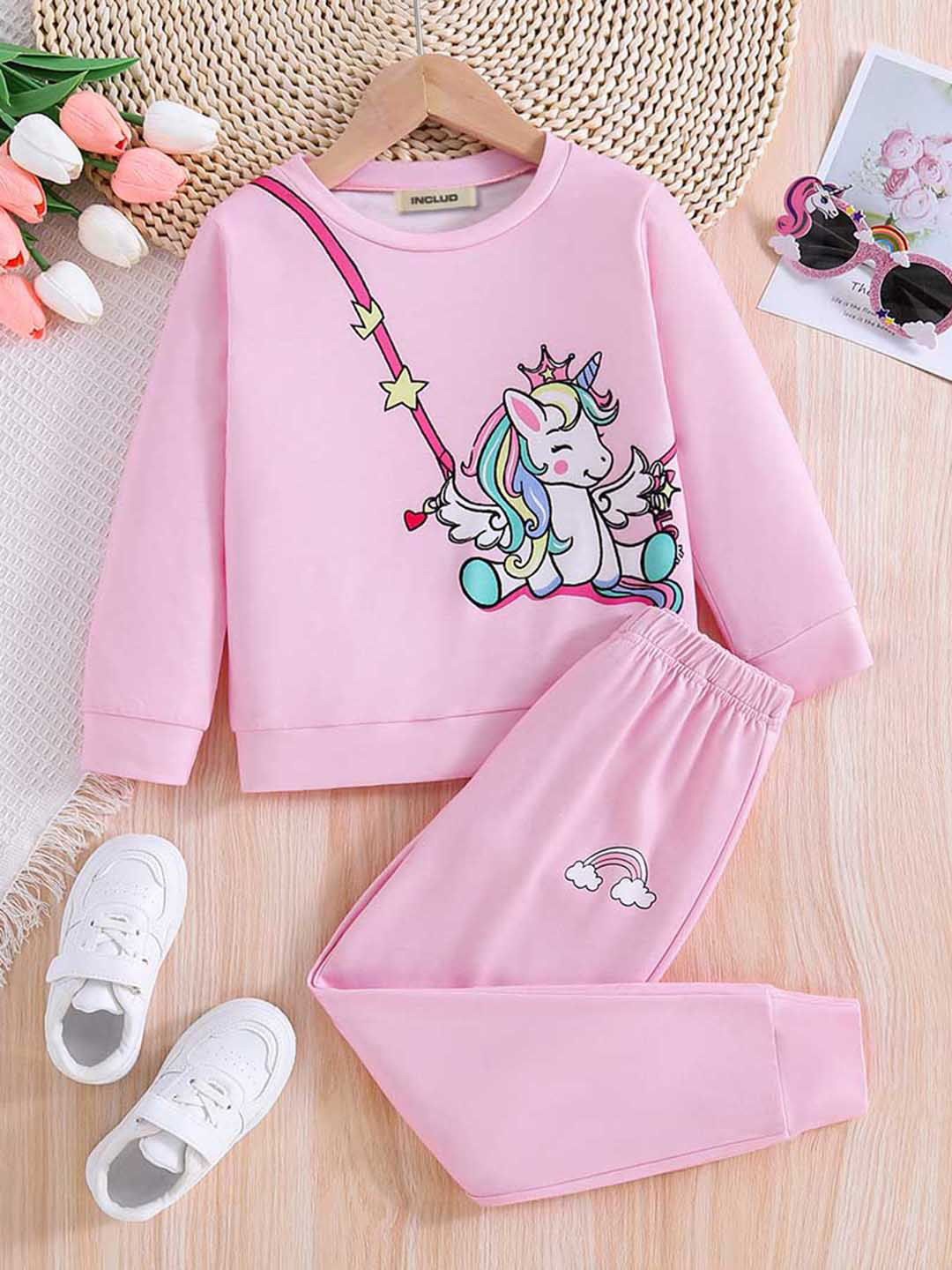 

INCLUD Girls Printed Sweatshirt With Trouser Set, Pink