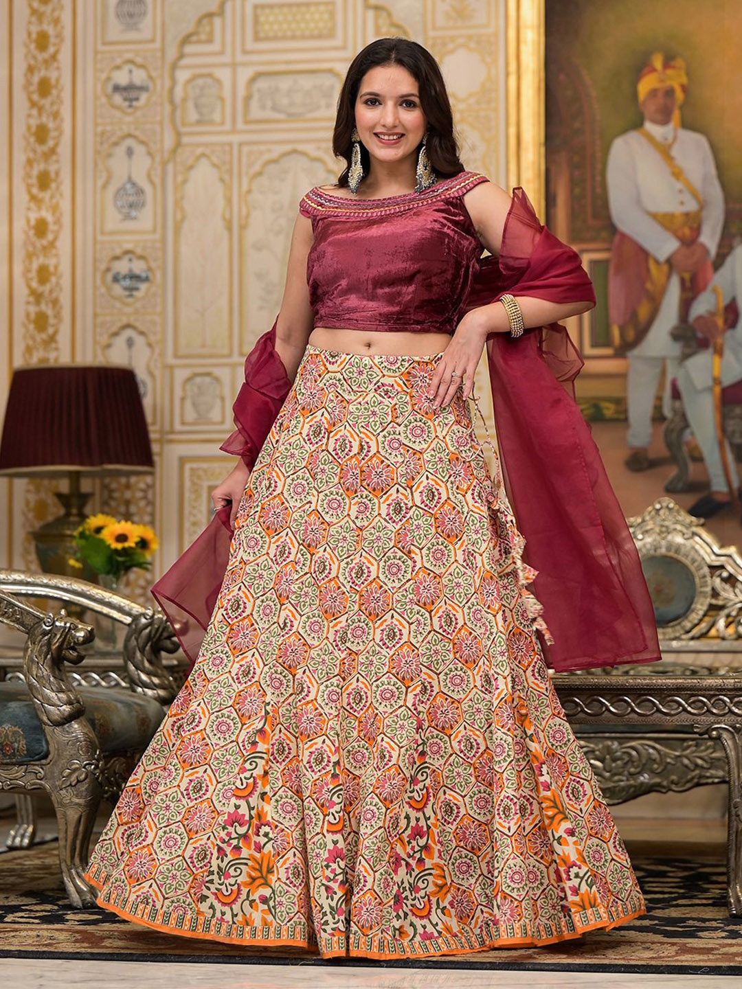 

AKS Embroidered Thread Work Ready to Wear Lehenga & Blouse With Dupatta, Maroon