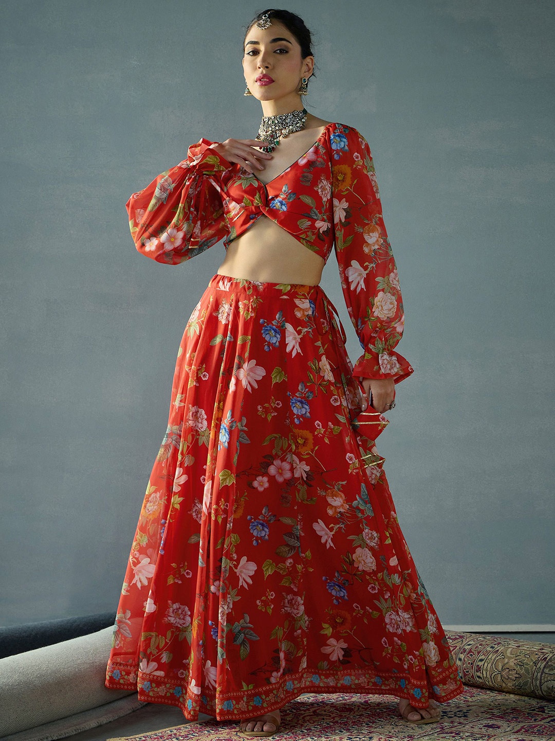 

Shae by SASSAFRAS Printed Ready to Wear Lehenga &, Red