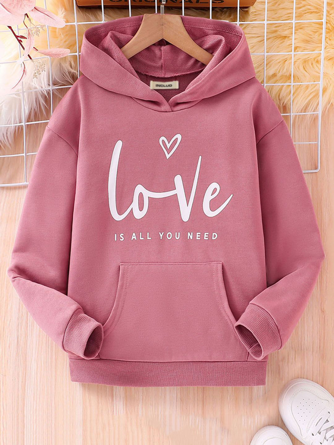 

INCLUD Girls Typography Printed Hood Cotton Pullover Sweatshirt, Pink