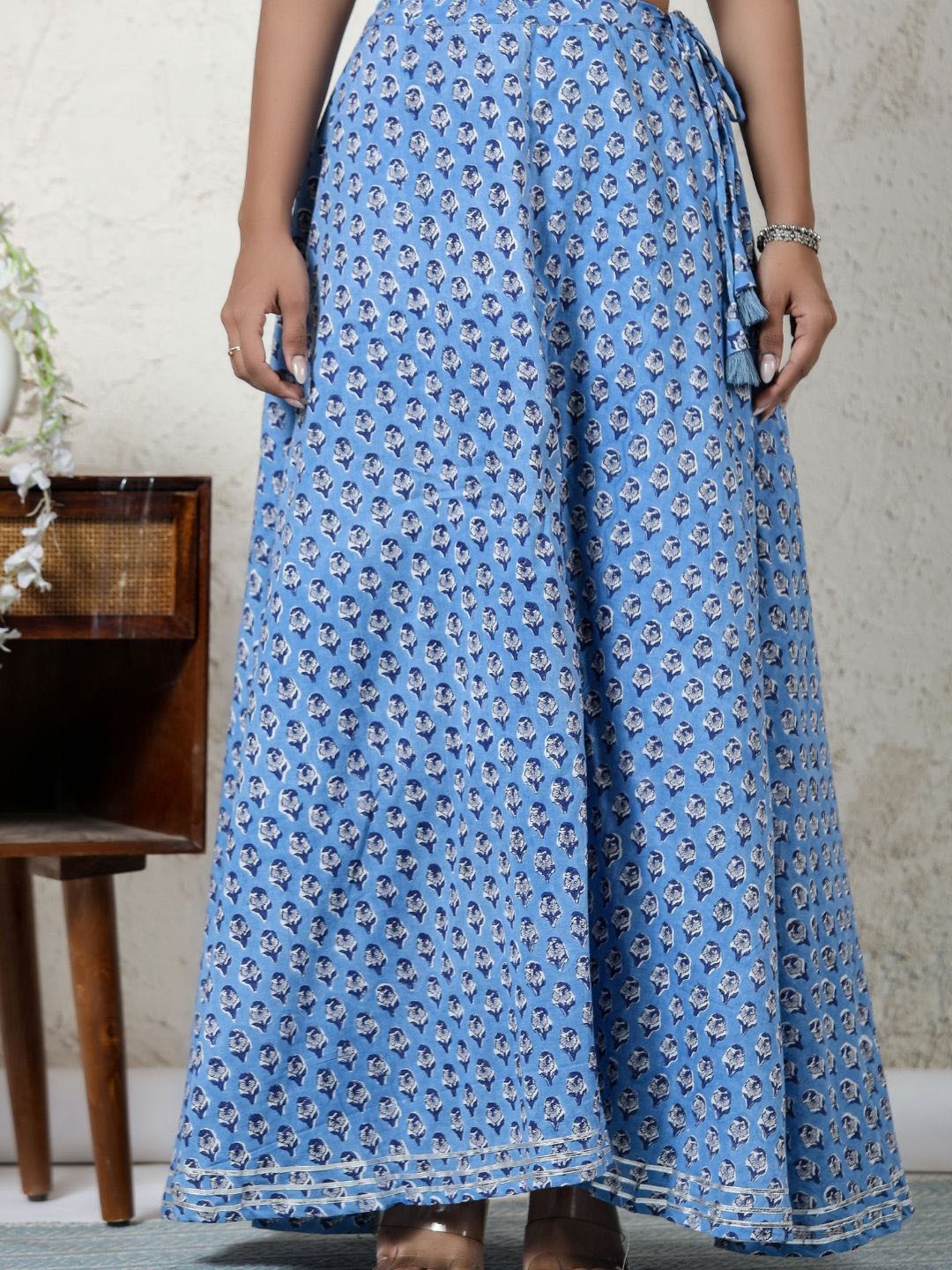 

SILAYIBAZI Women Printed Pure Cotton Flared Maxi Skirts, Blue