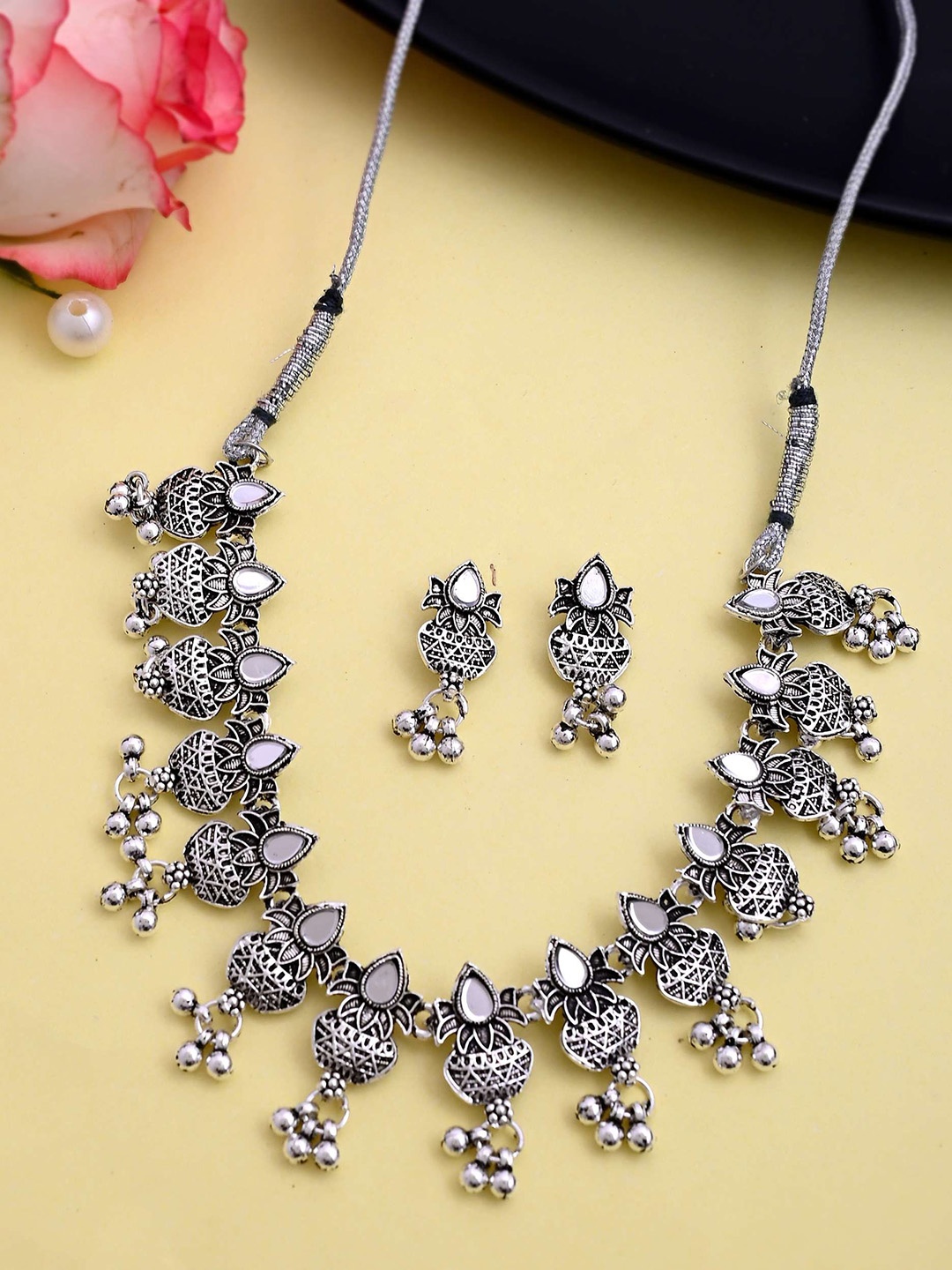 

VOJ Oxidised Silver-Plated Stainless Steel Oxidized Kalash Shape Choker With Earrings