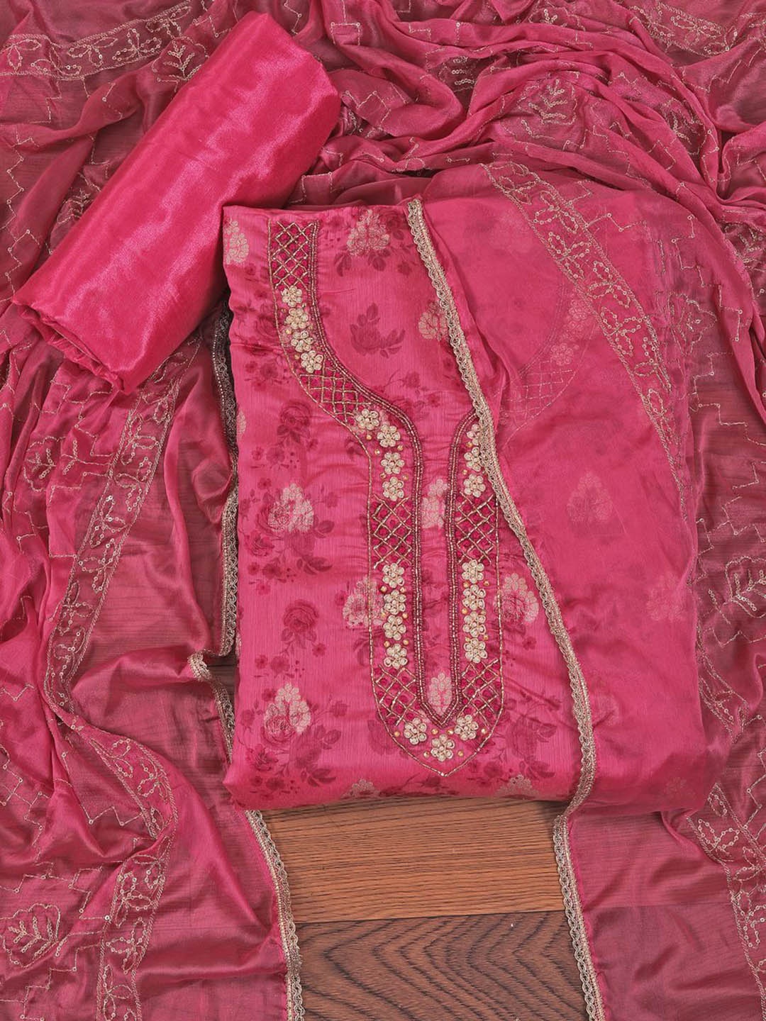 

Jaipur Kurti Silk Blend Embellished Dress Material with Dupatta, Pink