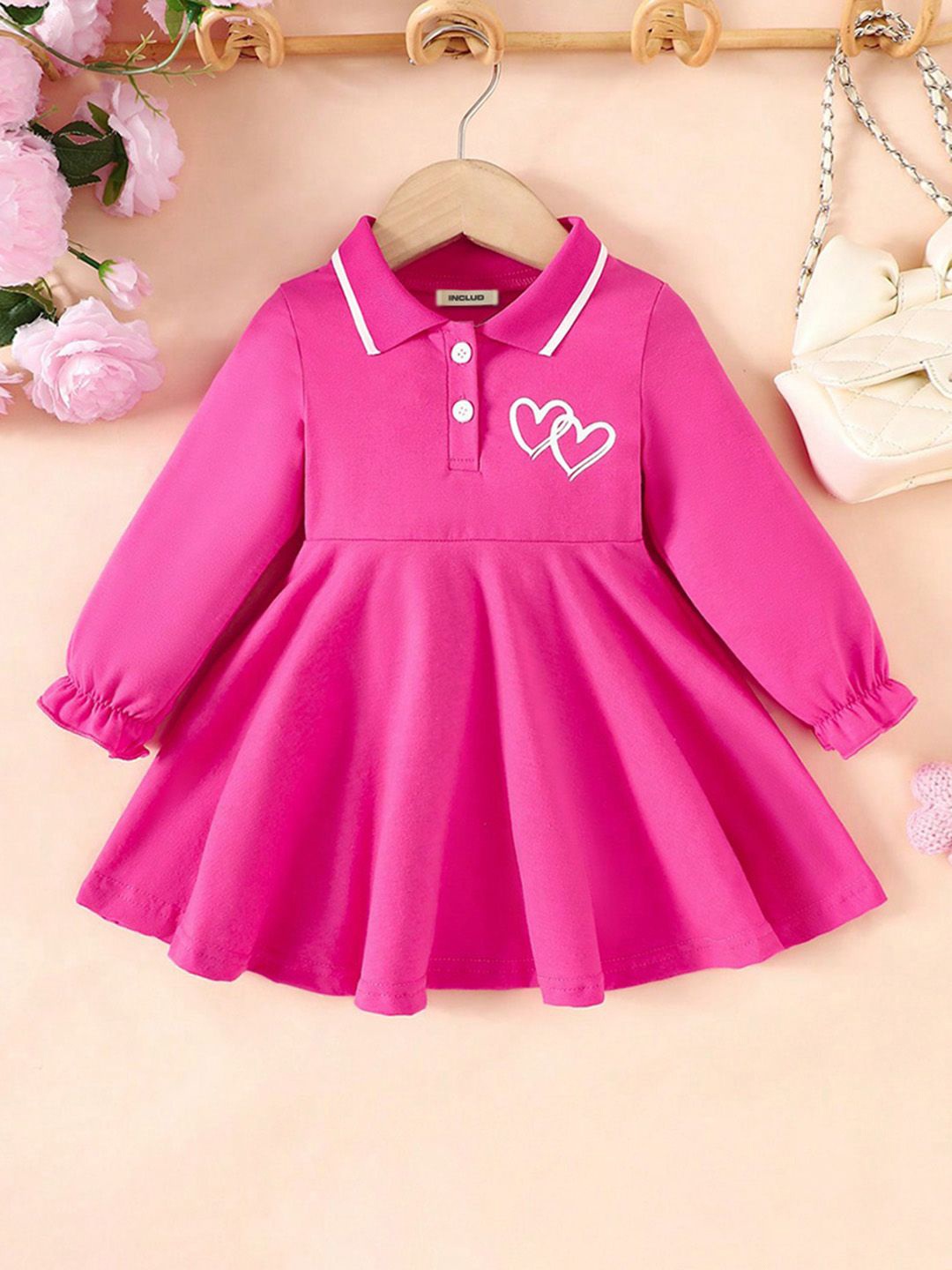 

INCLUD Girls Shirt Collar Puff Sleeve Fit & Flare Dress, Pink