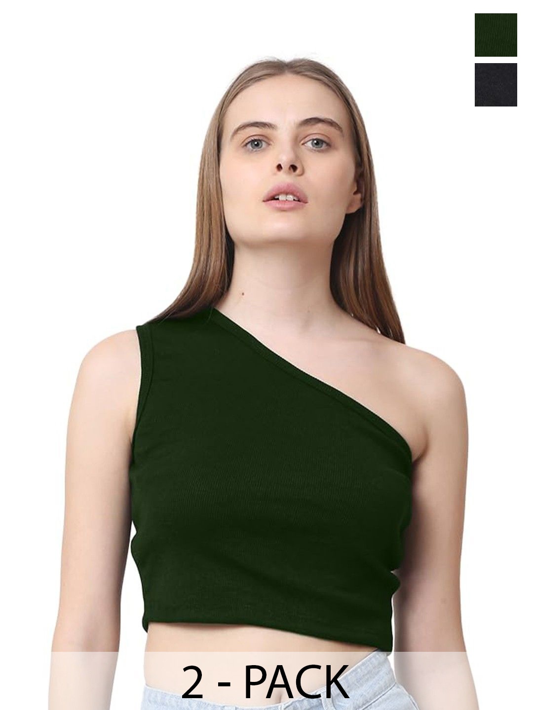 

CareDone Women Pack Of 2 Solid One Shoulder Cotton Tops, Green