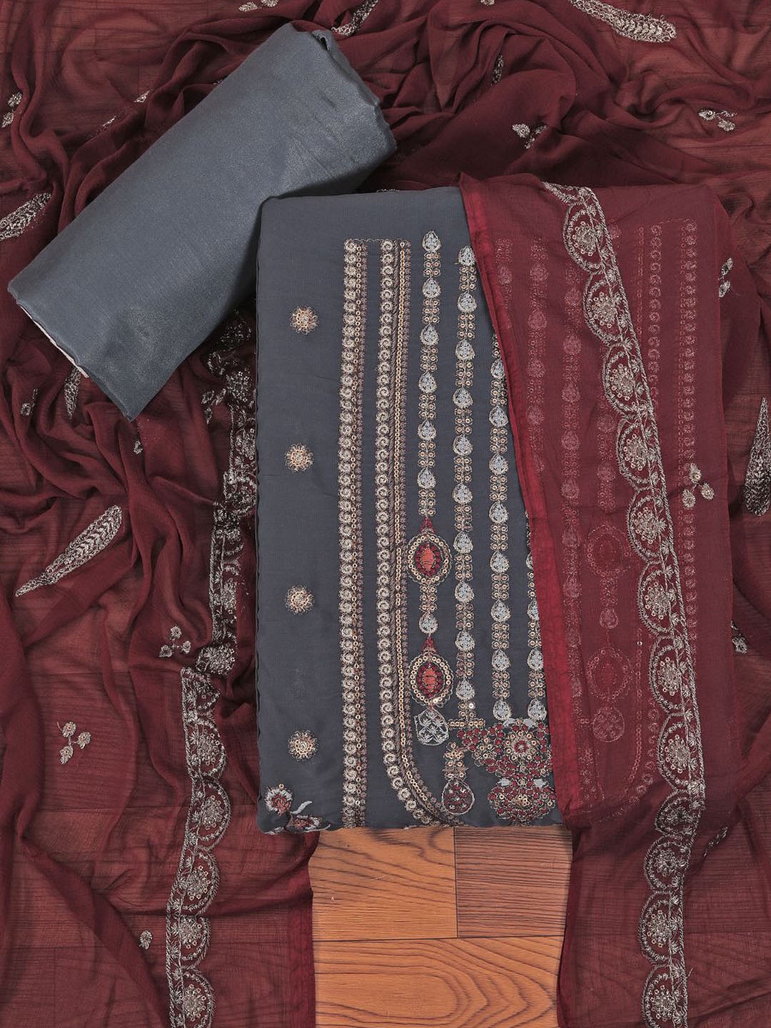 

Jaipur Kurti Sequin Embroidered Poly Georgette Dress Material with Dupatta, Grey