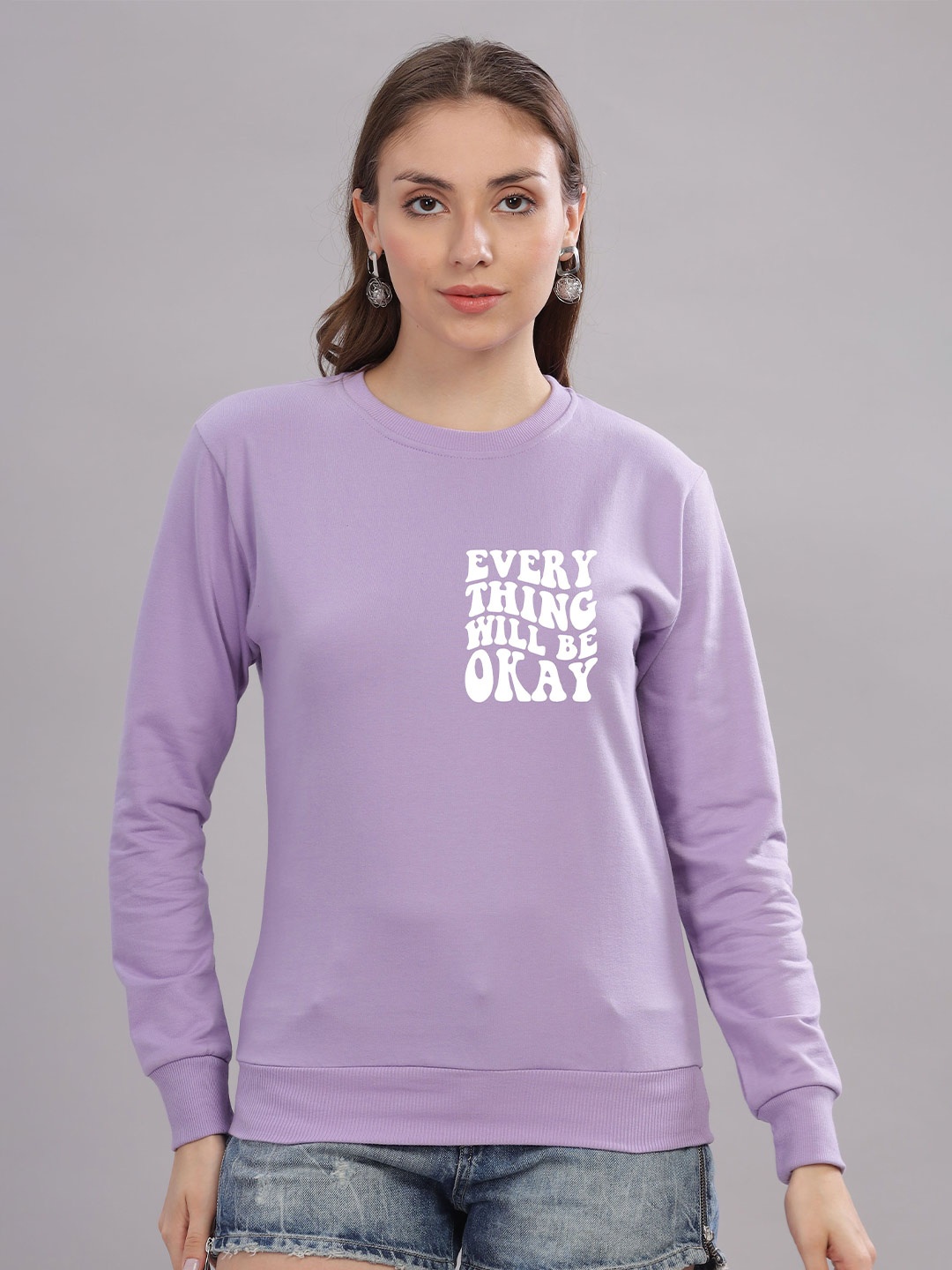 

FALTU.CO Women Typography Printed Round Neck Cotton Pullover Sweatshirt, Lavender