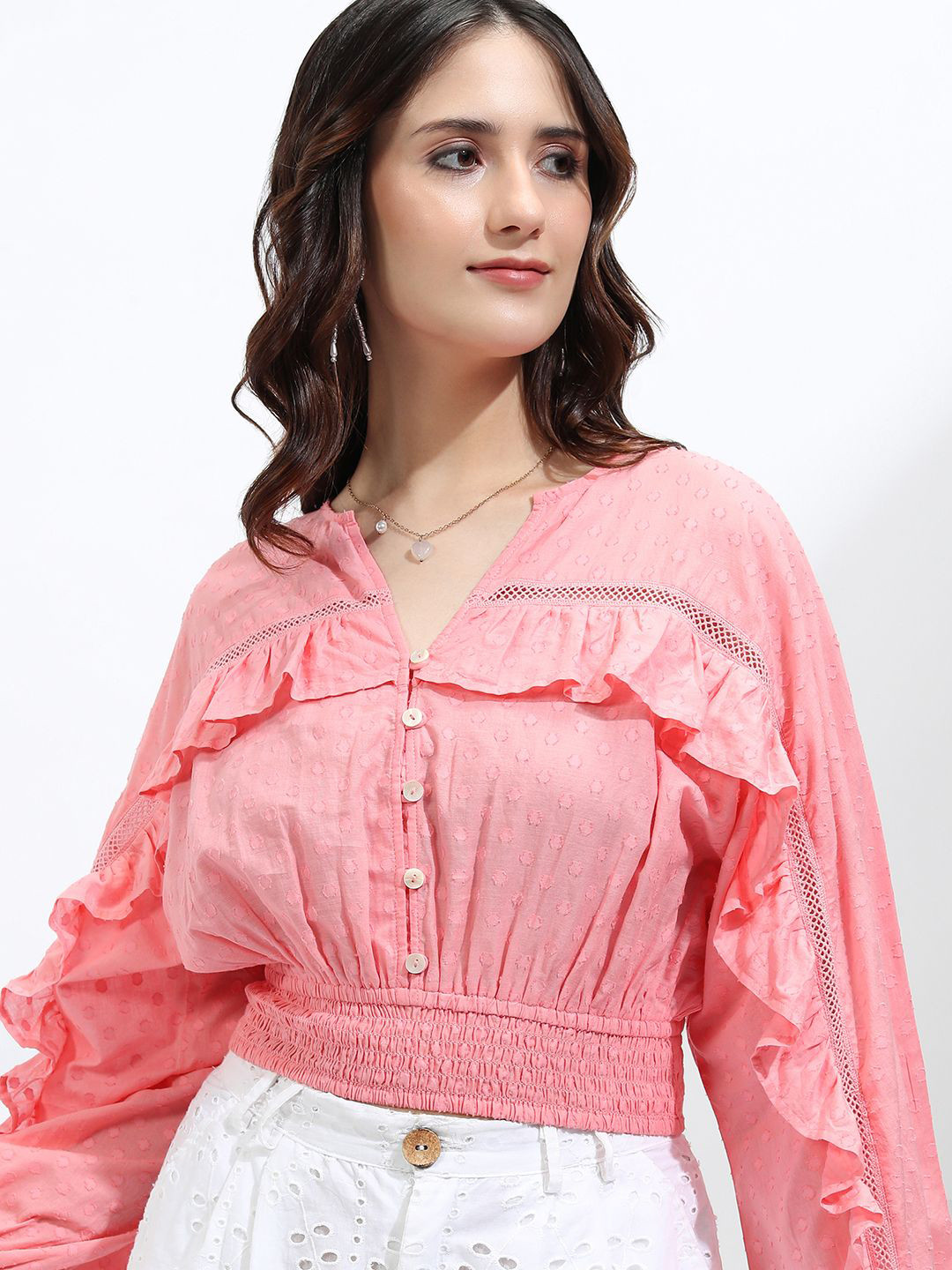 

Tokyo Talkies Women Self Design V-Neck Cotton Top, Pink