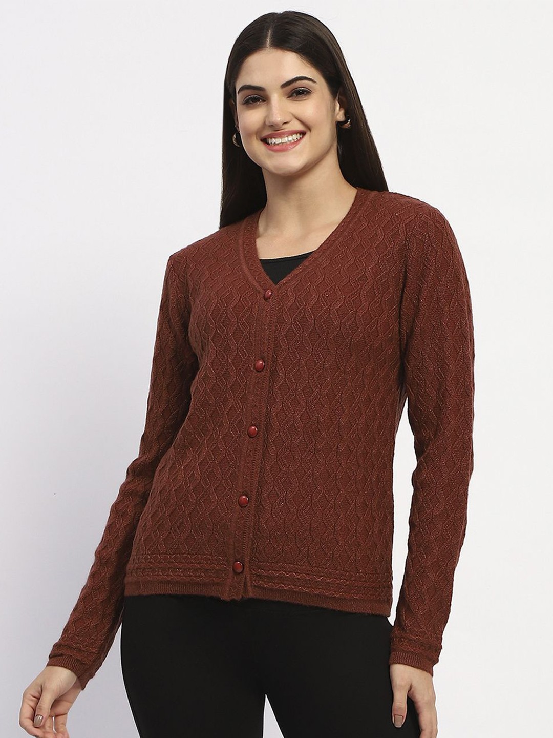 

Madame Women Cable Knit V-Neck Long Sleeves Cardigan, Rust