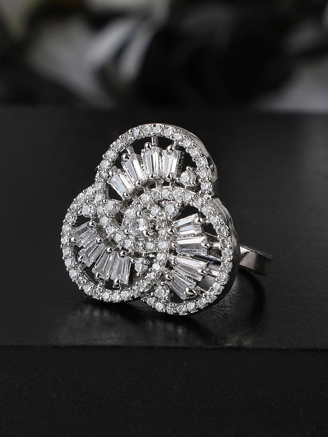 

ANIKAS CREATION Silver-Plated American Diamond Studded Adjustable Finger Ring
