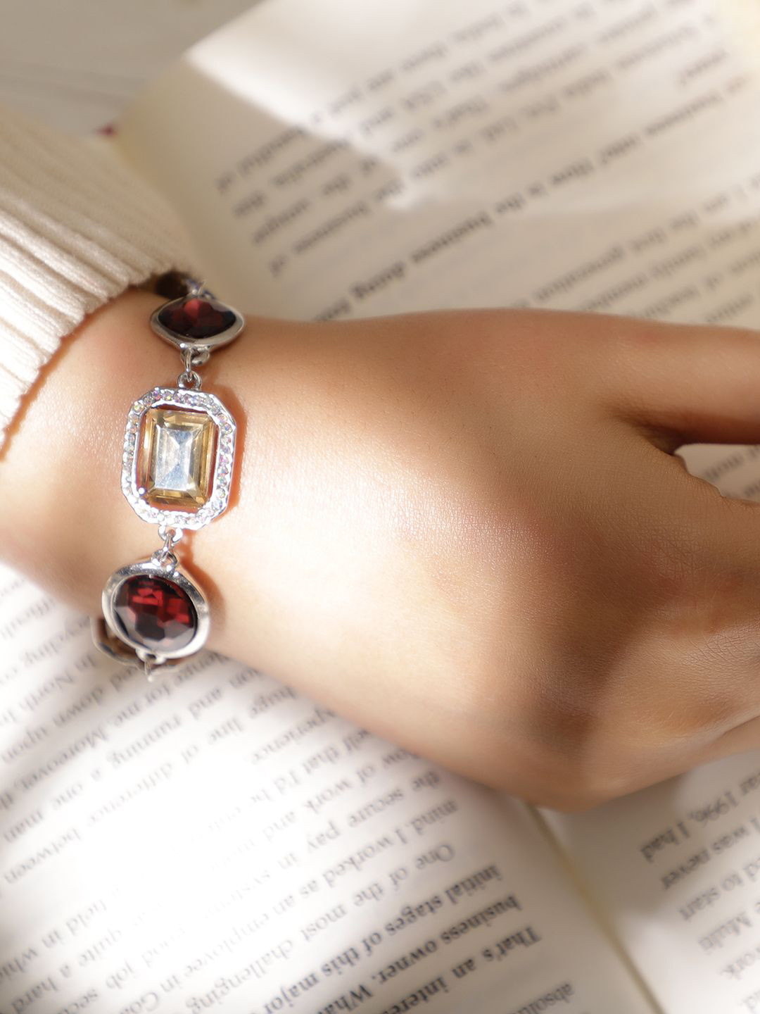 

Rubans Rhodium-Plated Statement Link Bracelet with Multicolor Cubic Zirconia Gemstones, Silver