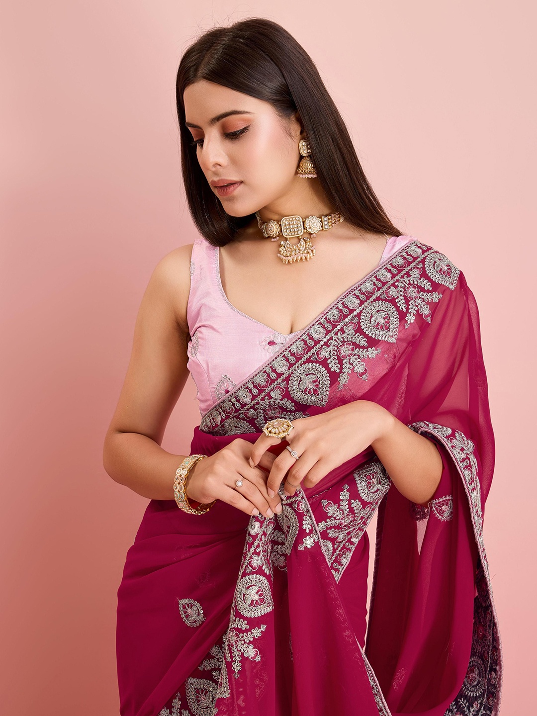 

VAIRAGEE Ethnic Motifs Sequinned Poly Georgette Ready to Wear Saree, Maroon