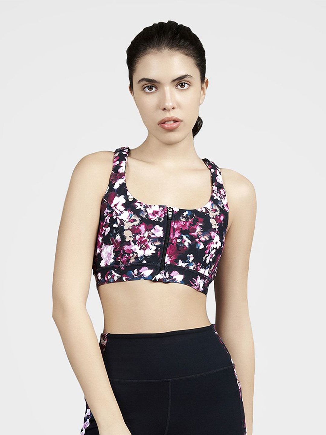 

Skechers Misty Floral Zip Front Sports Bra, Black