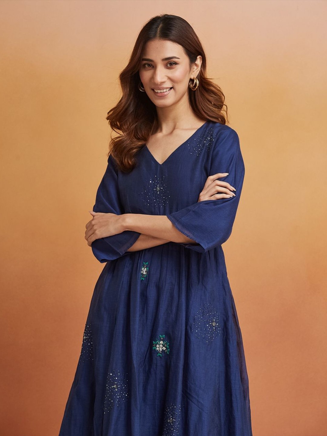 

Fabindia Embroidered Bell Sleeve Fit & Flare Midi Dress, Blue