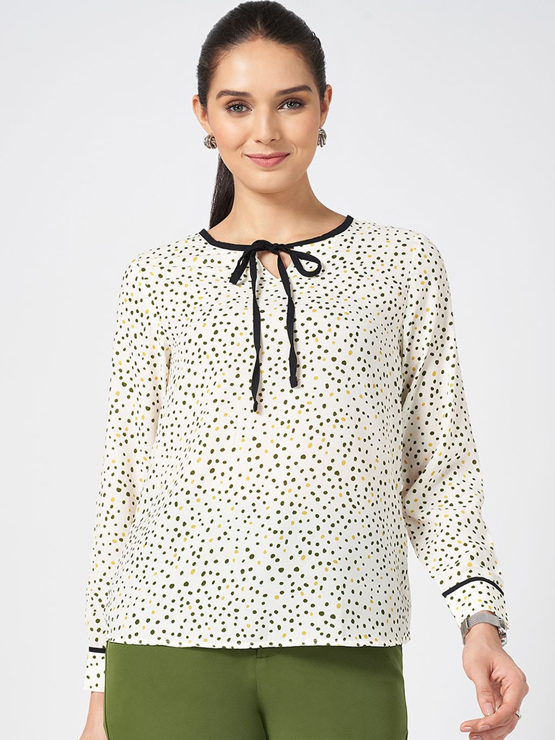 

Annabelle by Pantaloons Women Abstract Printed Tie-Up Neck Top, Off white
