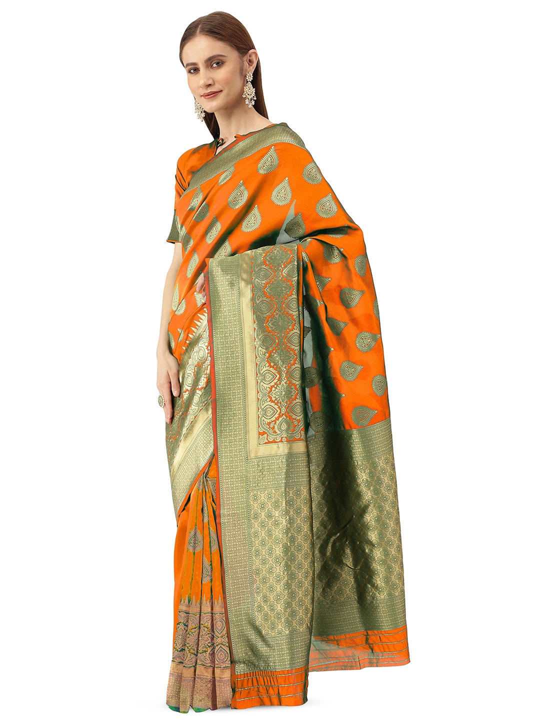 

Maroosh Woven Design Banarasi Saree With Zari Border, Orange