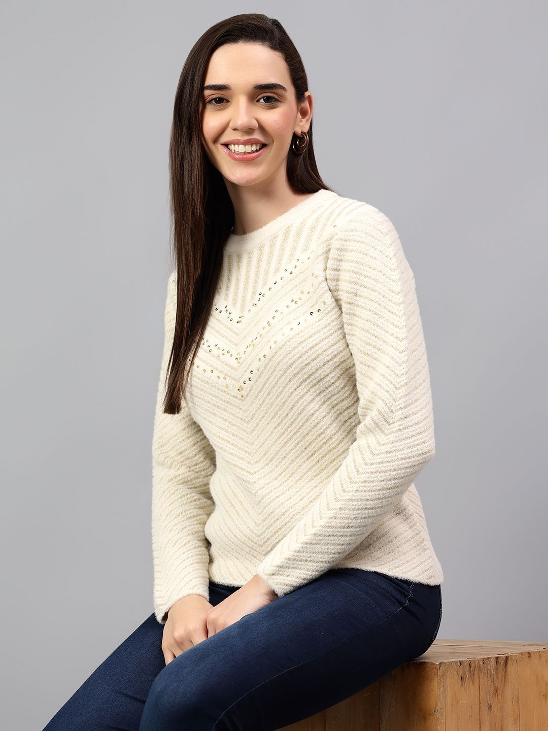 

Cantabil Women Self Design Pullover, Off white