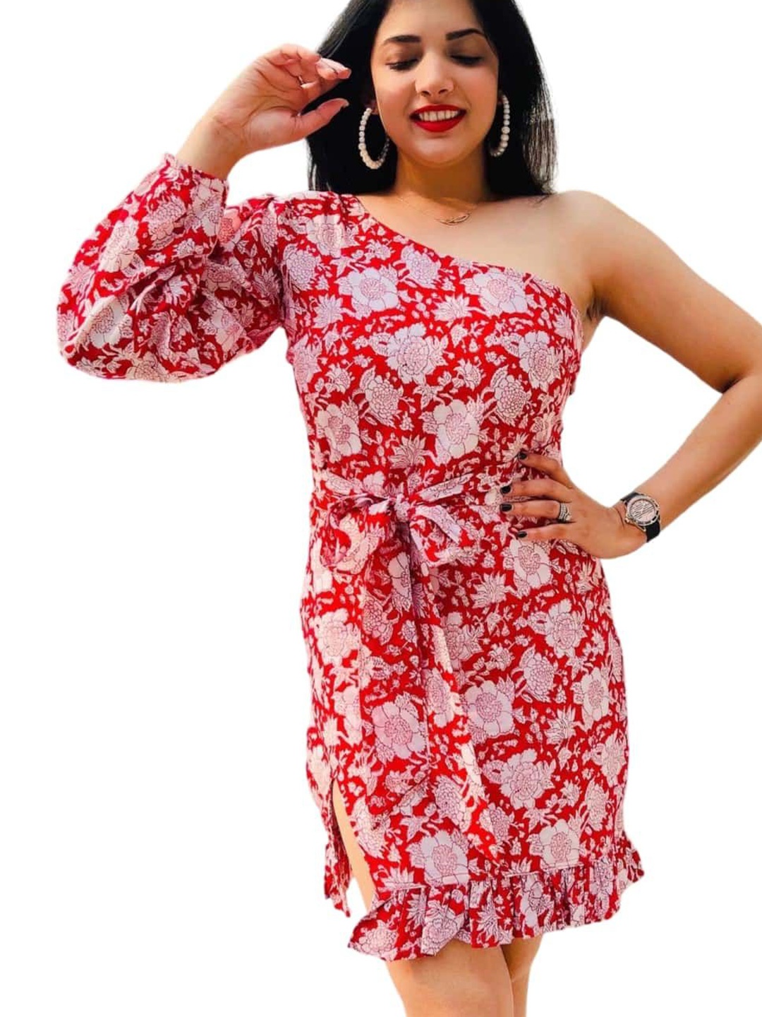 

Nesha India Women Floral Print One Shoulder Puff Sleeve Cotton Sheath Dress, Red