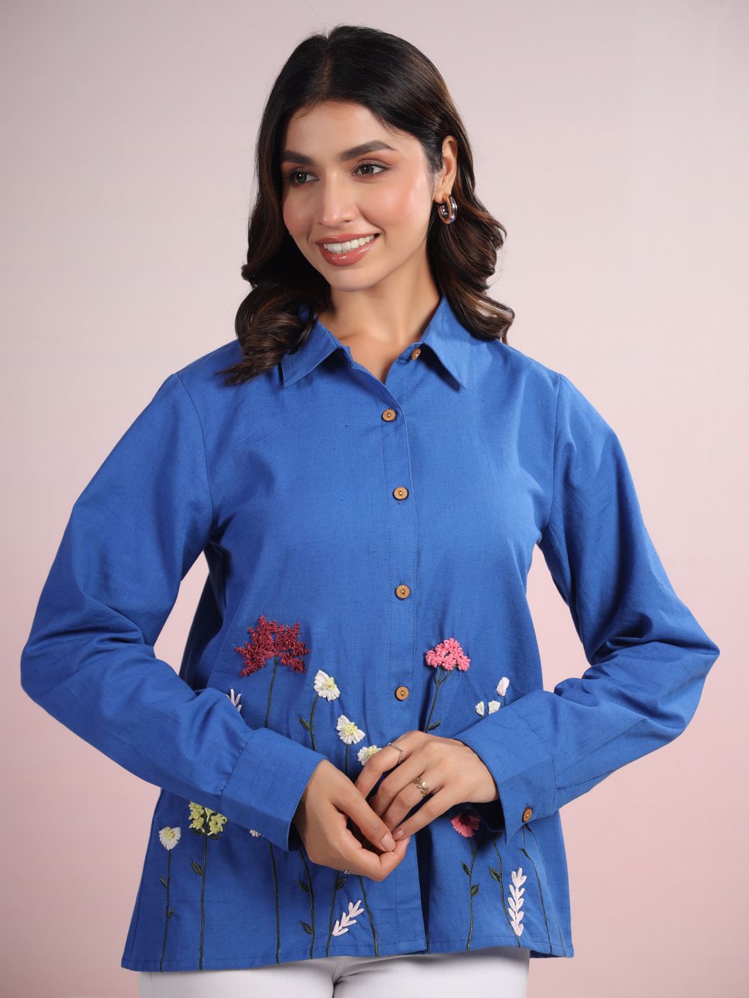 

LYFJ Women Comfort Spread Collar Floral Embroidered Cotton Loose Fit Casual Shirt, Blue