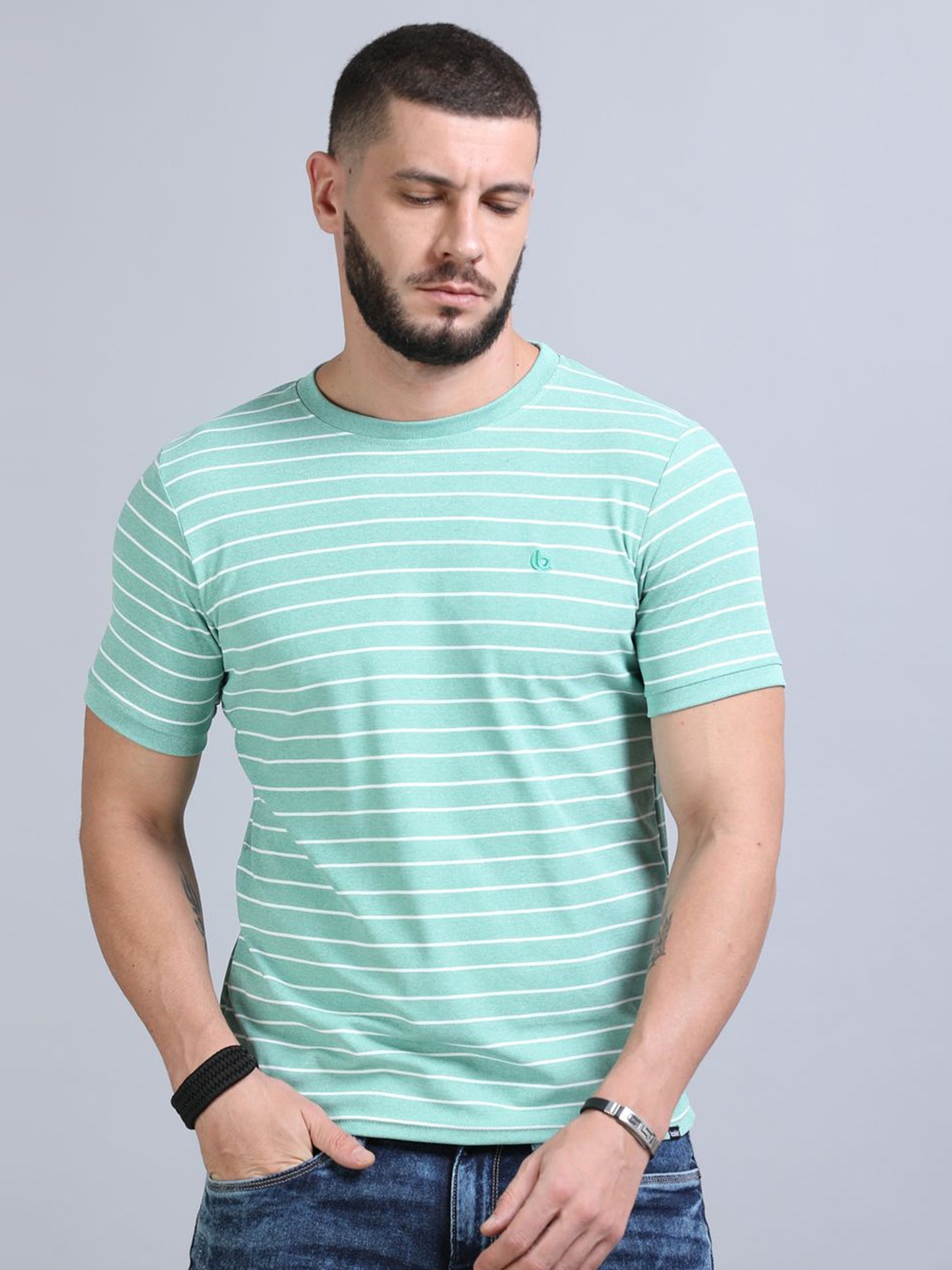 

Bushirt Men Striped Round Neck T-shirt, Blue