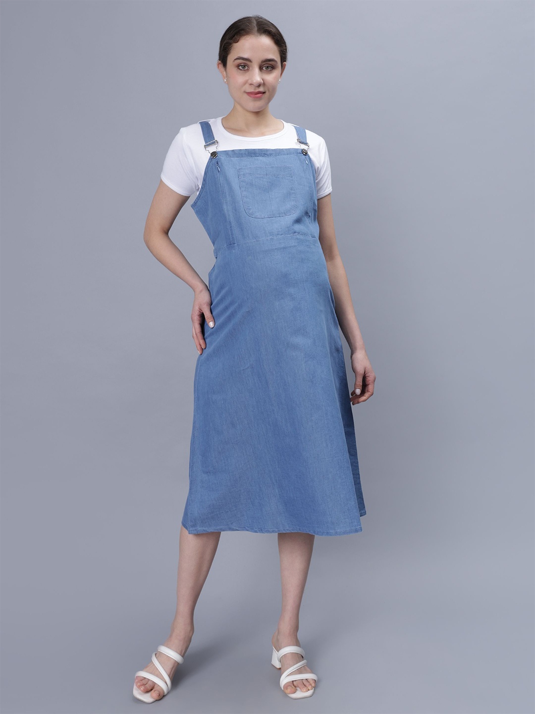 

NIGHTSPREE Women Cotton Maternity A-Line Midi Dress, Blue