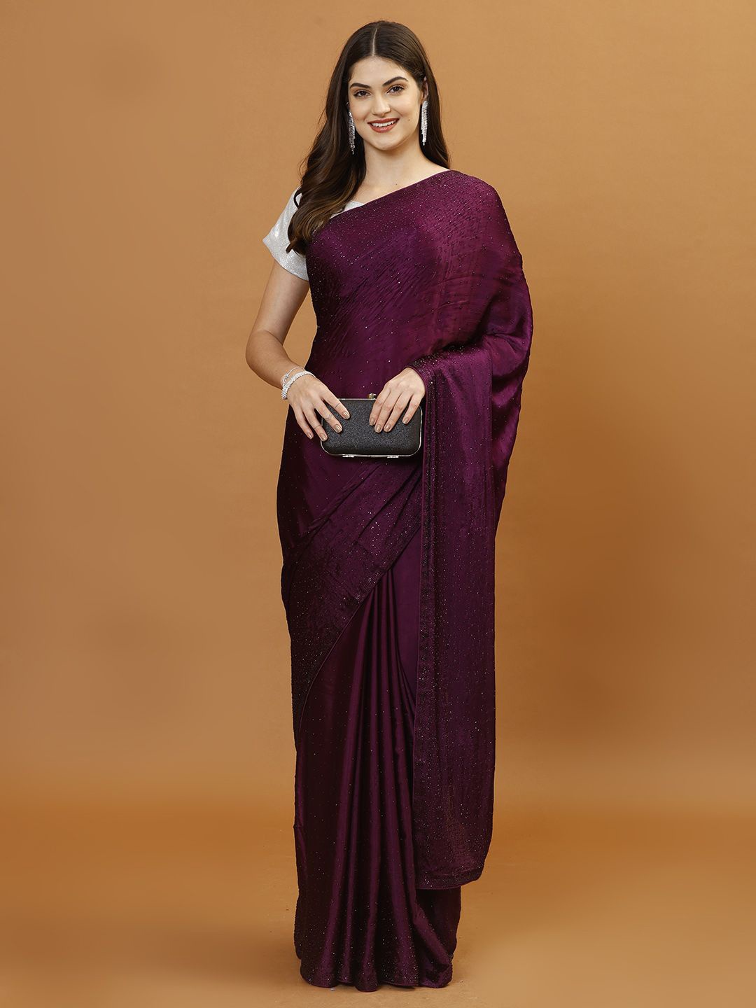 

Meena Bazaar Embellished Beads and Stones Heavy Work Saree, Purple