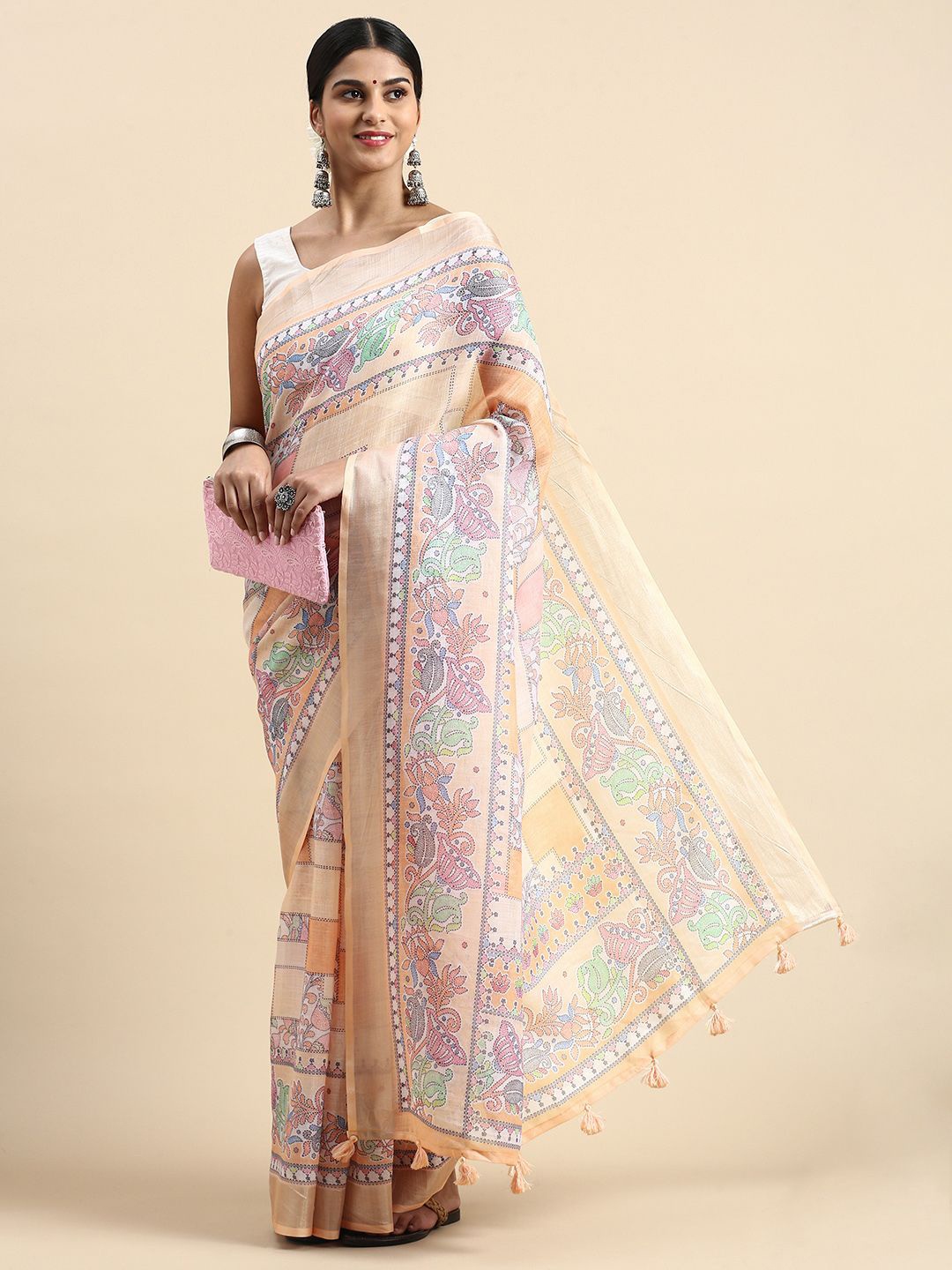 

Kandora Floral Printed Zari Saree, Orange