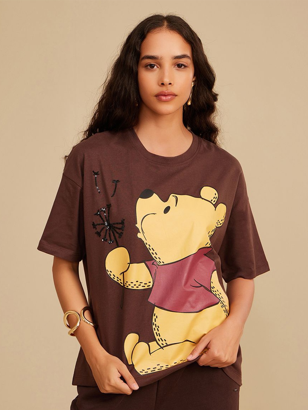 

Kazo Women Winnie The Pooh Graphic Printed Round Neck Cotton Boxy T-shirt, Brown