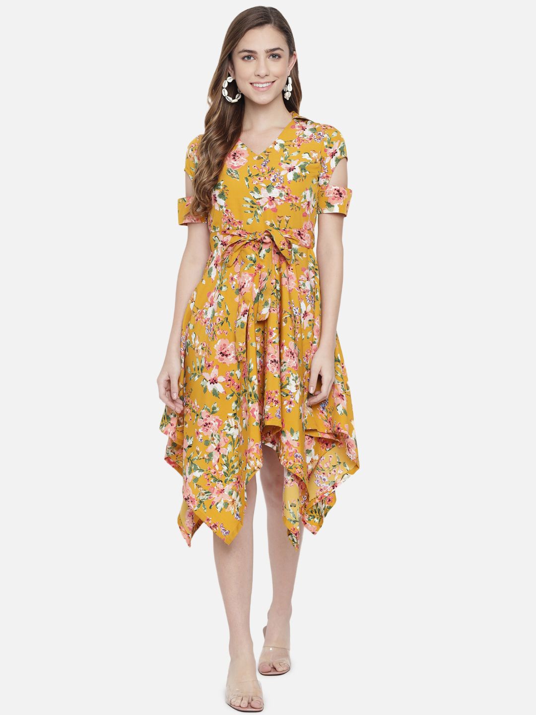 

BAESD Women Floral Printed Empire Dress Comes with a belt, Yellow