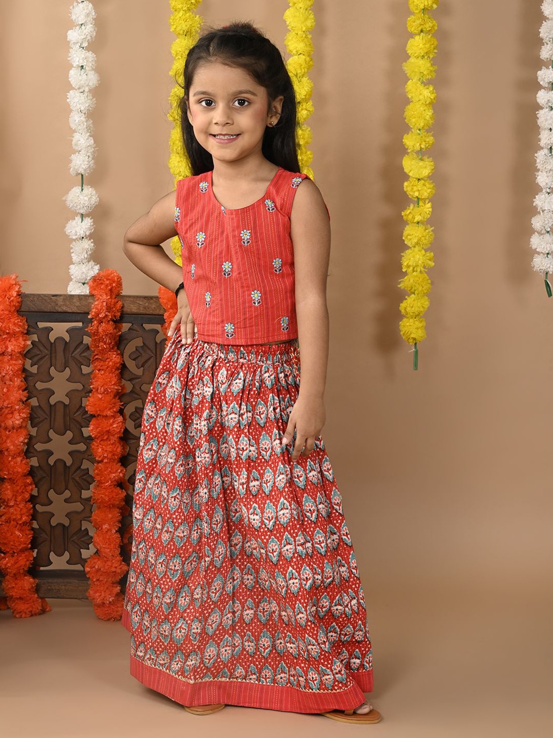 

Sangria Girls Embroidered Cotton Lehenga With Top, Red