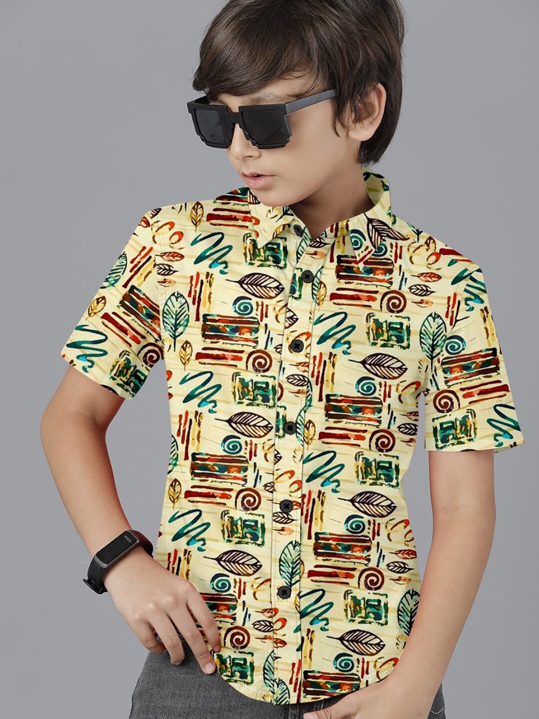 

BAESD Boys Premium Spread Collar Abstract Printed Cotton Casual Shirt, Green