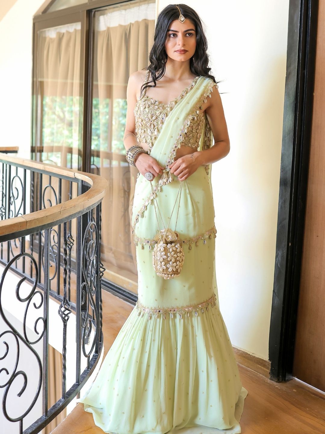 

Foram patel Mint Green Embroidered Mumtaz Saree Set