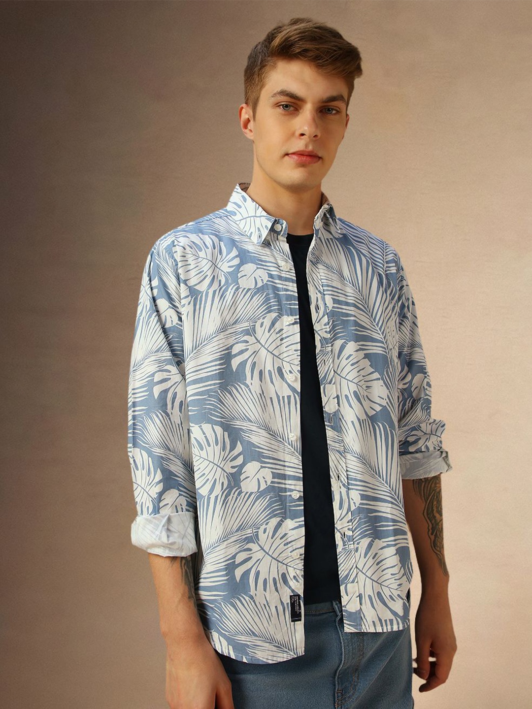 

Dennis Lingo Men Comfort Spread Collar Floral Printed Cotton Casual Shirt, Blue