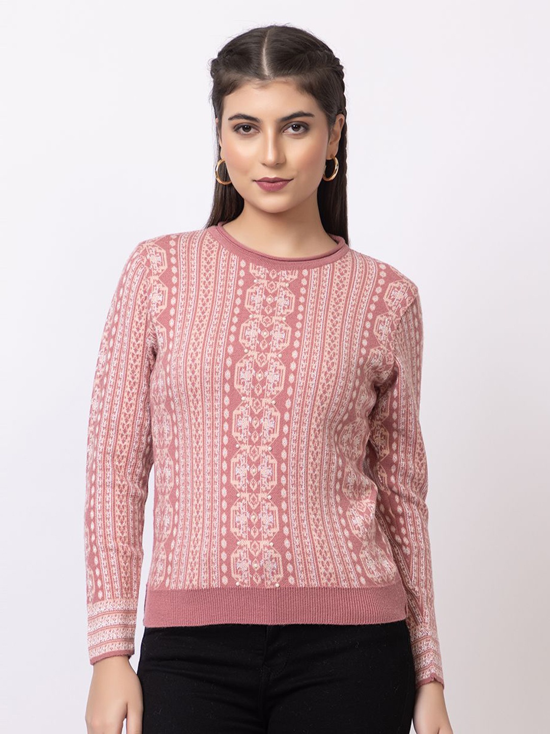 

GFO Women Self Design Embellished Woollen Sweater, Mauve